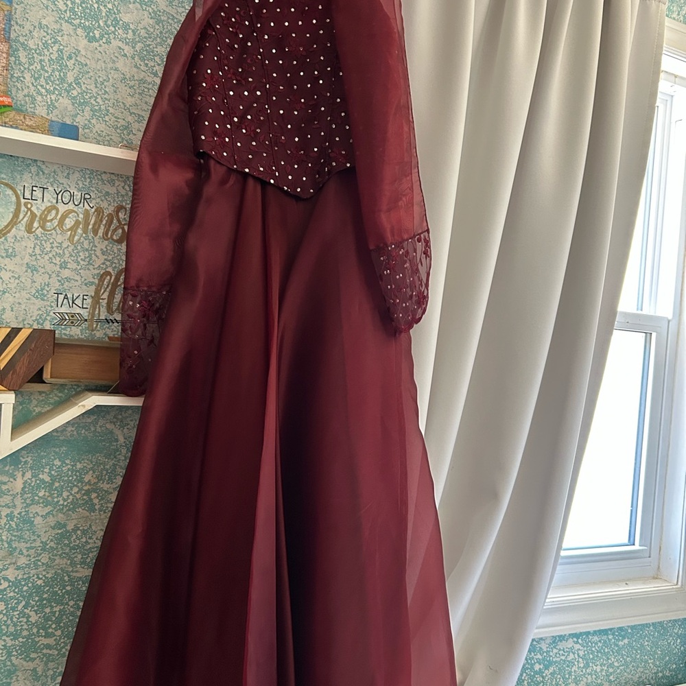 Red Sequin Embellished Long Sleeve Gown